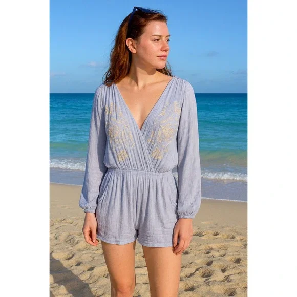 Free People Women Small White Floral Cold Shoulder V-Neck Purple Romper Jumpsuit - Picture 1 of 9